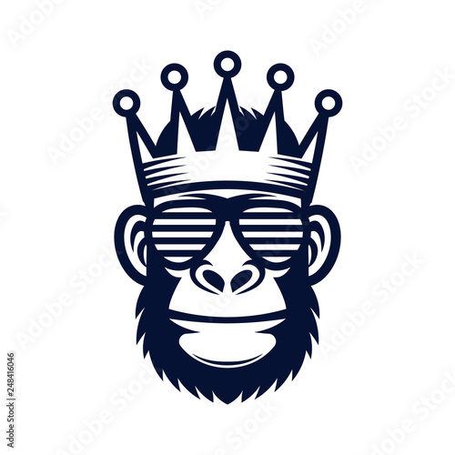 Cool monkey in sunglasses and crown. King gorilla logo