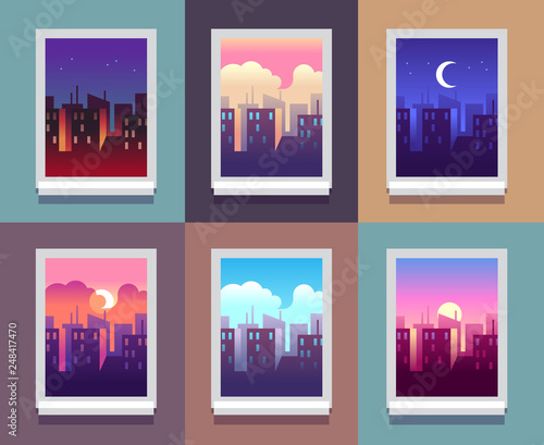 Windows day time. Early morning sunrise sunset, noon and dusk evening, night cityscape skyscrapers inside home window