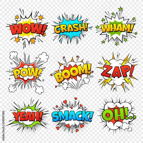 Comic bubbles. Funny comics words in speech bubble frames. Wow oops bang zap thinking clouds. Expression balloons set photo