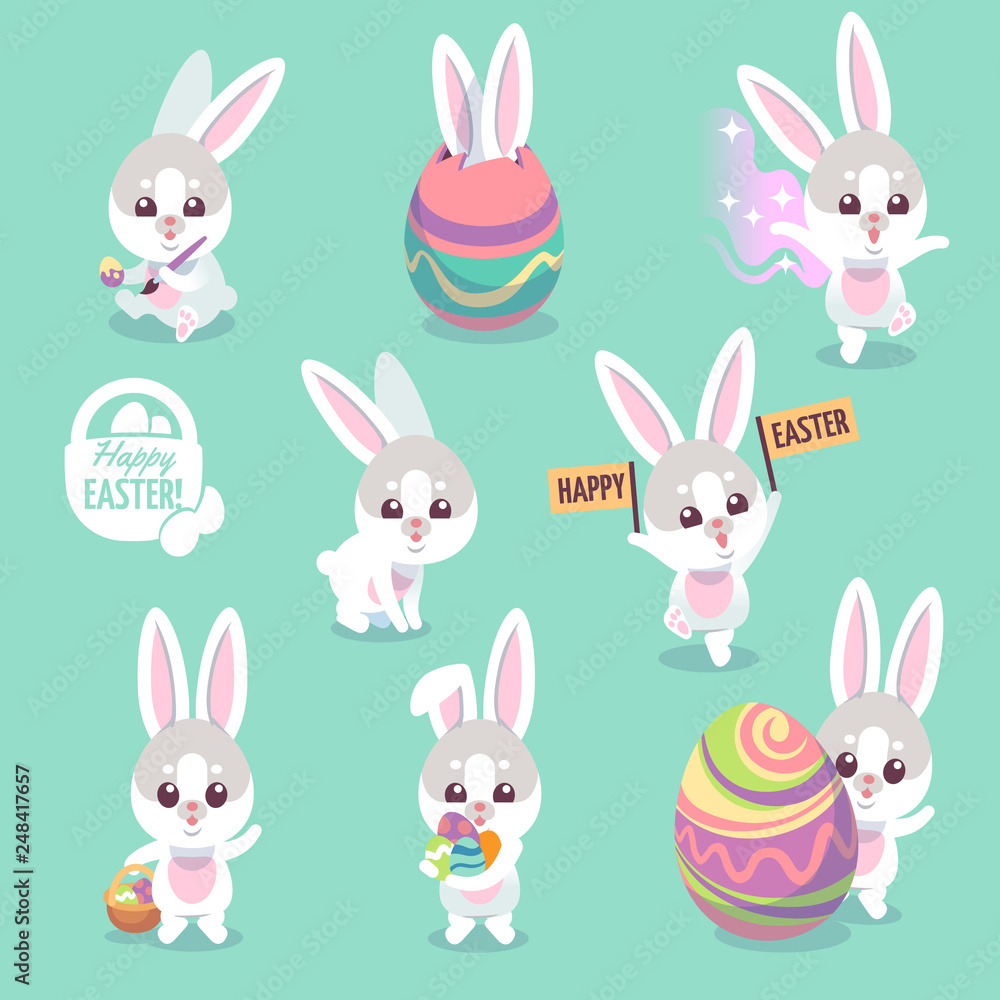 Easter bunny characters. Cute rabbit with easter egg cartoon bunnies vector set