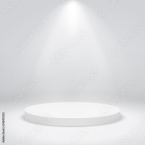 Round pedestal. Winner podium champion circular base first place trophy award win, mockup empty white stair