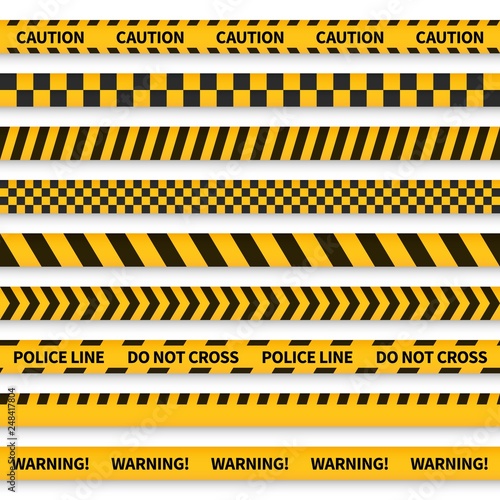 Police tape. Yellow taped barricade warning danger police stripes crime safety line attention border barrier, flat set