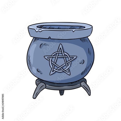 Magic cauldron with pentagram doodle. Hand drawn wiccan design