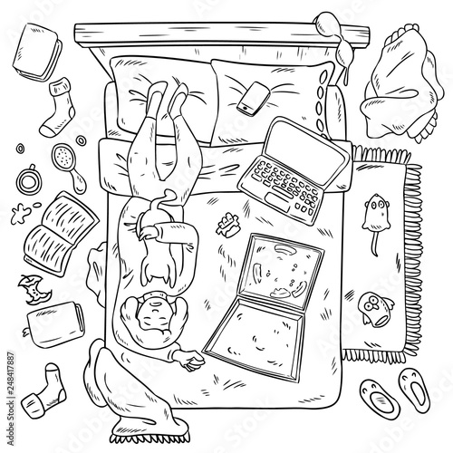 Girl procrastinating on the bed. Big mess at home. Comic style image. Top view.