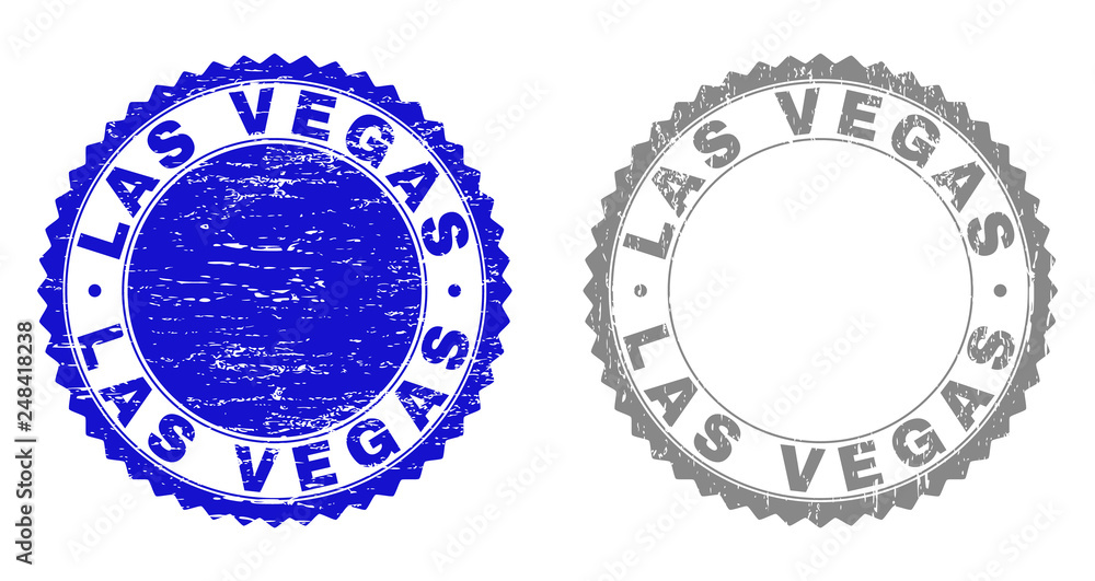 Grunge LAS VEGAS stamp seals isolated on a white background. Rosette seals with grunge texture in blue and grey colors. Vector rubber overlay of LAS VEGAS caption inside round rosette. Grunge LAS VEGAS stamp seals isolated on a white background. Rosette seals with grunge texture in blue and grey colors. Vector rubber overlay of LAS VEGAS caption inside round rosette.