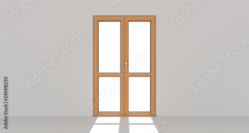 Door. White wall. Isolated door. Wooden door. 3d. 3D render.