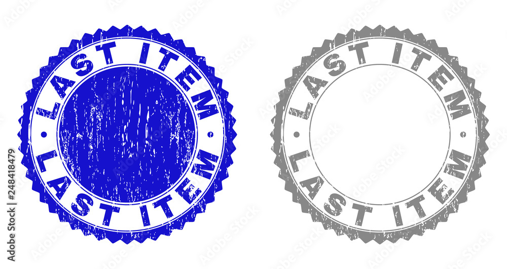 Grunge LAST ITEM stamp seals isolated on a white background. Rosette seals with grunge texture in blue and gray colors. Vector rubber stamp imprint of LAST ITEM title inside round rosette. Grunge LAST ITEM stamp seals isolated on a white background. Rosette seals with grunge texture in blue and gray colors. Vector rubber stamp imprint of LAST ITEM title inside round rosette.
