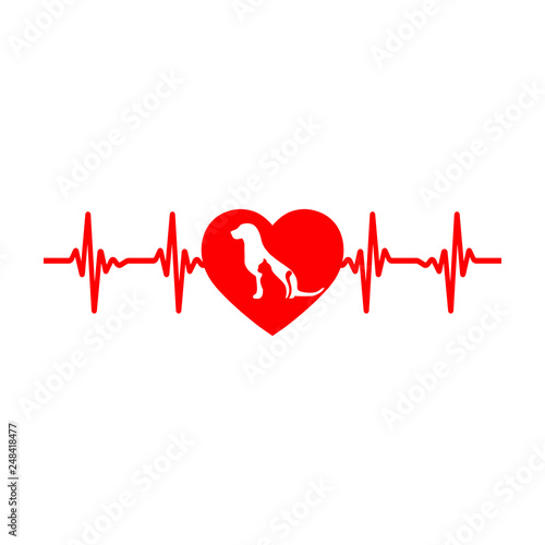 veterinary emblem dog and cat in heart with pulse