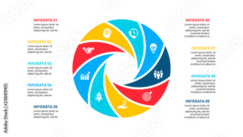 Circle element for infographic with 9 options, parts or steps. Template for cycle diagram, graph and round chart