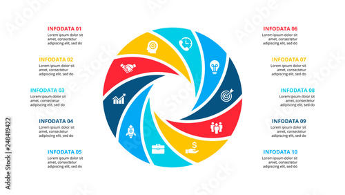 Circle element for infographic with 10 options, parts or steps. Template for cycle diagram, graph and round chart