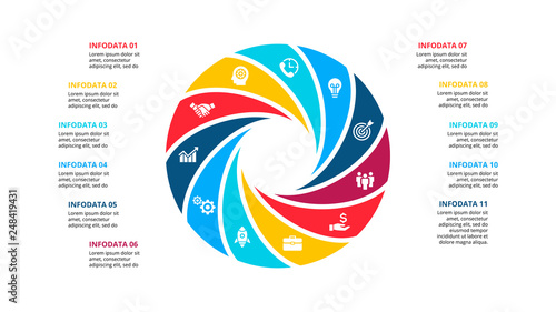Circle element for infographic with 11 options, parts or steps. Template for cycle diagram, graph and round chart