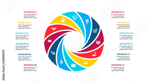 Circle element for infographic with 12 options, parts or steps. Template for cycle diagram, graph and round chart
