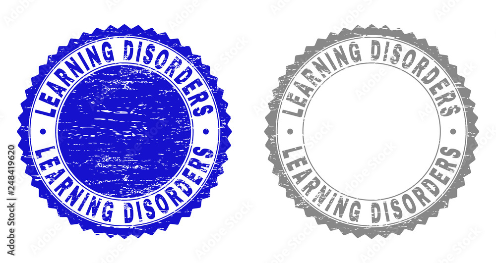 Grunge LEARNING DISORDERS stamp seals isolated on a white background. Rosette seals with grunge texture in blue and grey colors. Vector rubber overlay of LEARNING DISORDERS label inside round rosette.