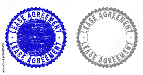 Grunge LEASE AGREEMENT stamp seals isolated on a white background. Rosette seals with grunge texture in blue and gray colors. Vector rubber stamp imitation of LEASE AGREEMENT tag inside round rosette.
