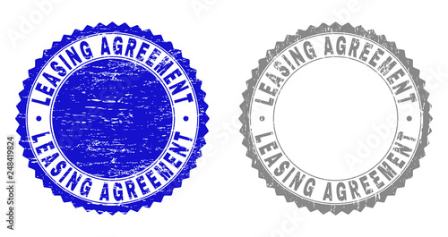 Grunge LEASING AGREEMENT stamp seals isolated on a white background. Rosette seals with grunge texture in blue and gray colors.