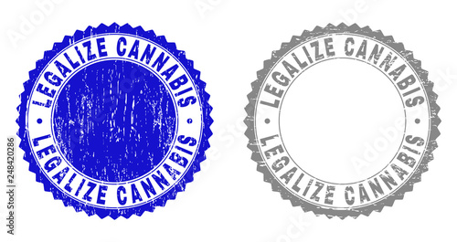 Grunge LEGALIZE CANNABIS stamp seals isolated on a white background. Rosette seals with grunge texture in blue and gray colors.