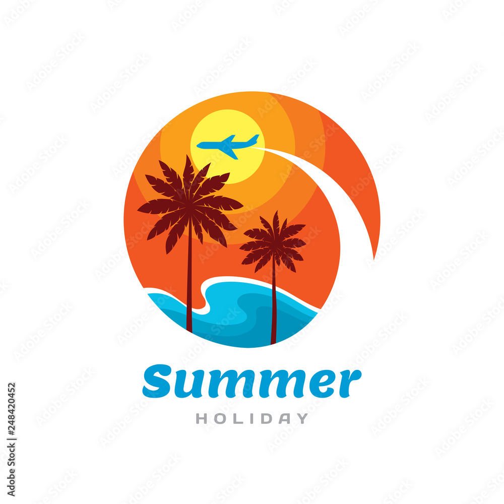 Summer holiday - concept business logo template. Travel vector illustration. Vacation creative sign. Tropical paradise symbol. Airplane, sun, sunset, sky, sea waves, palms, coast. Graphic design.  