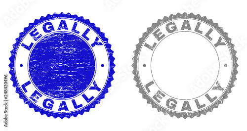 Grunge LEGALLY stamp seals isolated on a white background. Rosette seals with grunge texture in blue and grey colors. Vector rubber stamp imprint of LEGALLY caption inside round rosette.