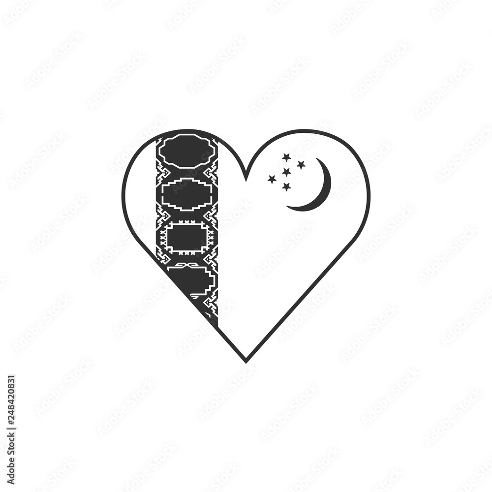 Fototapeta premium Turkmenistan flag icon in a heart shape in black outline flat design. Independence day or National day holiday concept.