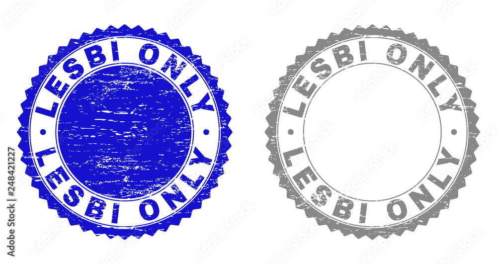 Grunge LESBI ONLY stamp seals isolated on a white background. Rosette seals with grunge texture in blue and gray colors. Vector rubber overlay of LESBI ONLY text inside round rosette. Grunge LESBI ONLY stamp seals isolated on a white background. Rosette seals with grunge texture in blue and gray colors. Vector rubber overlay of LESBI ONLY text inside round rosette.