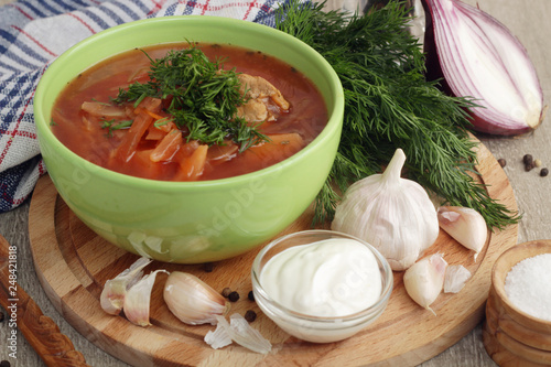 A bowl with traditional Ukrainian borscht