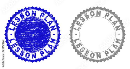 Grunge LESSON PLAN stamp seals isolated on a white background. Rosette seals with grunge texture in blue and grey colors. Vector rubber stamp imitation of LESSON PLAN tag inside round rosette.