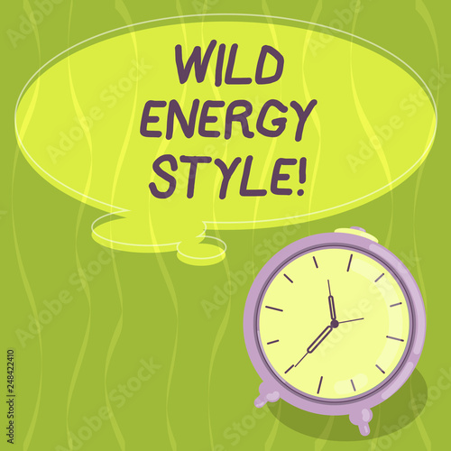 Writing note showing Wild Energy Style. Business photo showcasing made near from technologies impose no threat to wildlife Blank Color Thought Speech Bubble with Outline and Alarm Clock photo