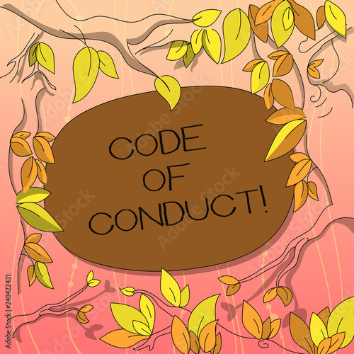 Text sign showing Code Of Conduct. Conceptual photo Ethics rules moral codes ethical principles values respect Tree Branches Scattered with Leaves Surrounding Blank Color Text Space