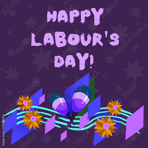 Writing note showing Happy Labour S Day. Business photo showcasing annual holiday to celebrate the achievements of workers Colorful Instrument Maracas Handmade Flowers and Curved Musical Staff