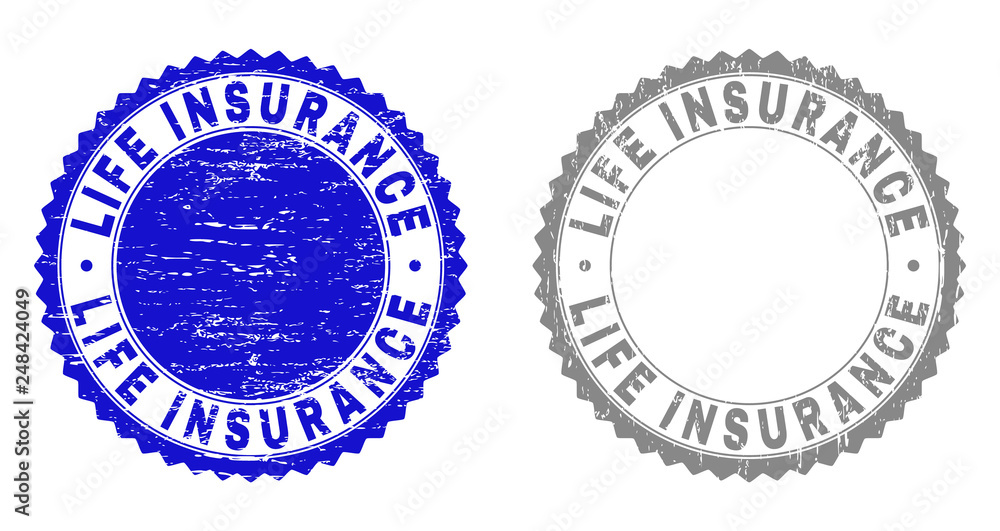 Grunge LIFE INSURANCE stamp seals isolated on a white background. Rosette seals with grunge texture in blue and grey colors. Vector rubber stamp imitation of LIFE INSURANCE text inside round rosette.