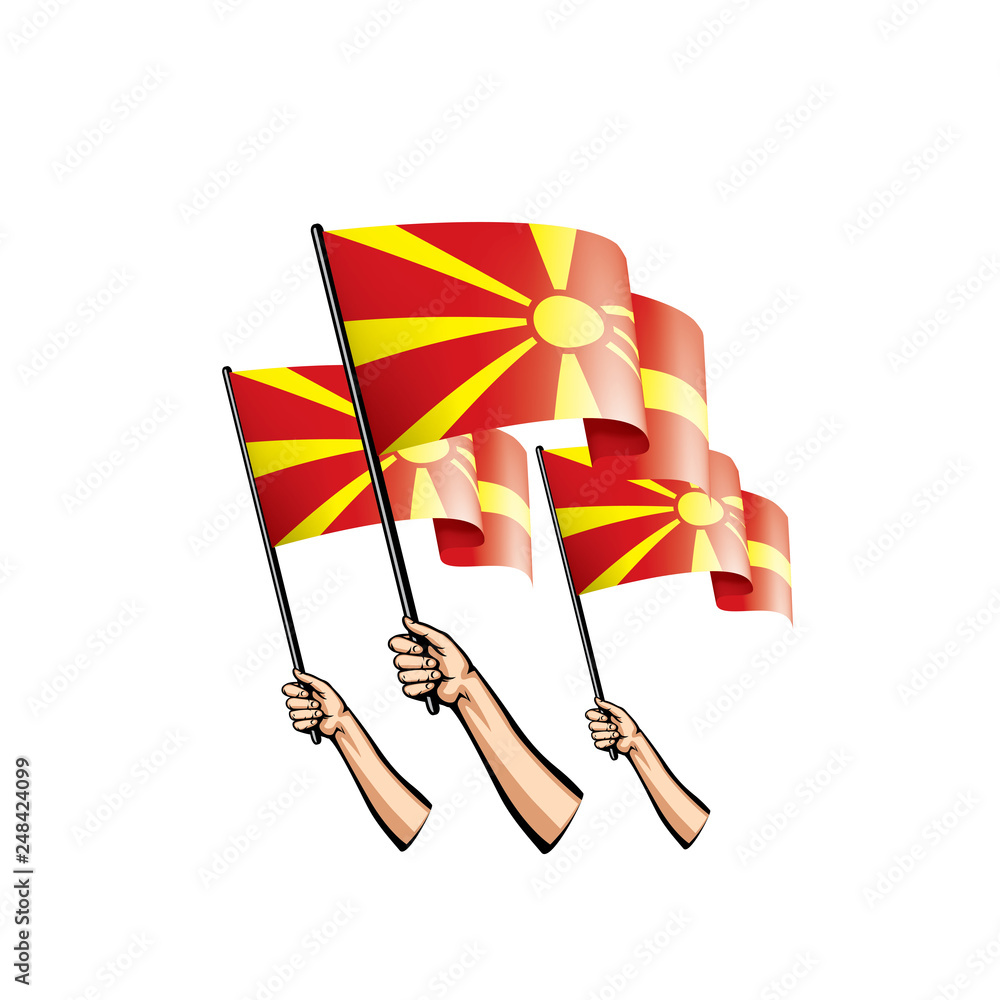 Fototapeta premium Macedonia flag and hand on white background. Vector illustration