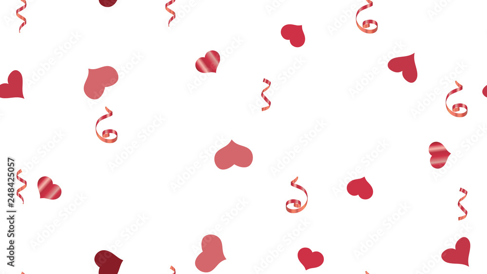 Festive Pattern of Hearts and Serpentine. Falling Red confetti. The idea of packaging, textiles, wallpaper, banner, printing. Vector Seamless Pattern on a White Background.