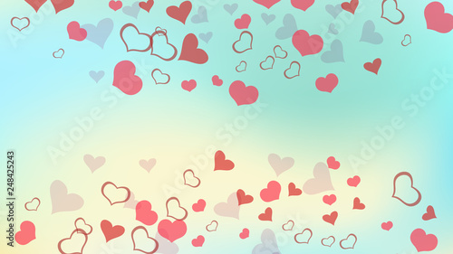 Stylish background. Red hearts of confetti are falling. Red on Gradient fond Vector. Design element for wallpaper, textiles, packaging, printing, holiday invitation for birthday.