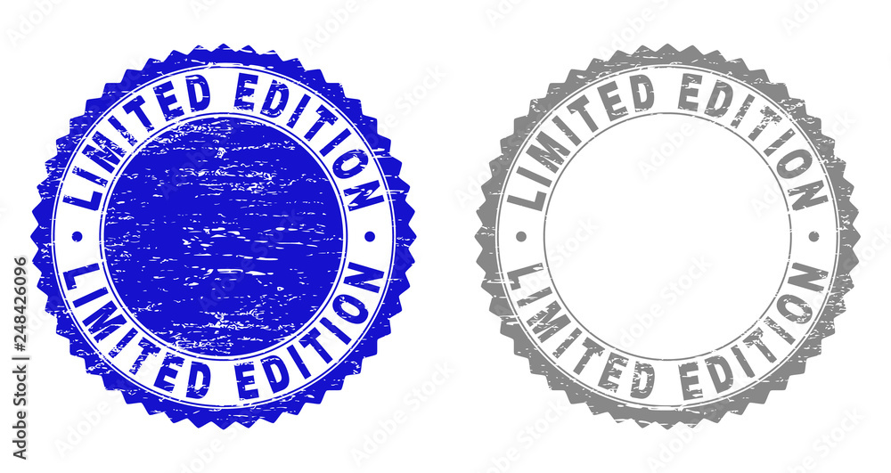 Grunge LIMITED EDITION stamp seals isolated on a white background. Rosette seals with grunge texture in blue and grey colors. Vector rubber watermark of LIMITED EDITION caption inside round rosette.