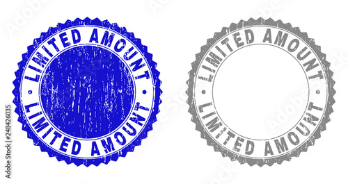 Grunge LIMITED AMOUNT stamp seals isolated on a white background. Rosette seals with grunge texture in blue and gray colors. Vector rubber stamp imprint of LIMITED AMOUNT tag inside round rosette.
