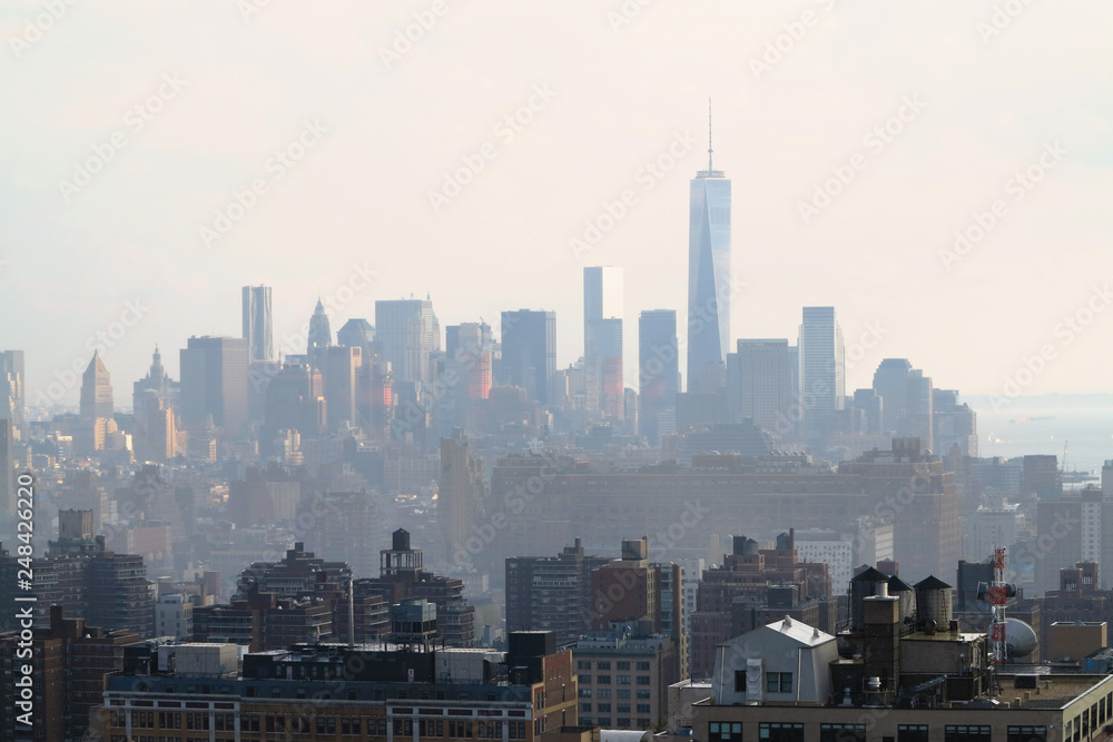 Fototapeta premium Aerial and panorama view of skyscrapers of New York City, Manhattan. Top view of night midtown of Manhattan.