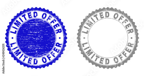 Grunge LIMITED OFFER stamp seals isolated on a white background. Rosette seals with distress texture in blue and gray colors. Vector rubber stamp imprint of LIMITED OFFER caption inside round rosette.