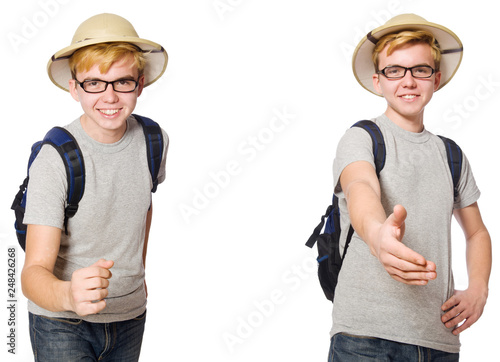 Young boy in cork helmet with backpack