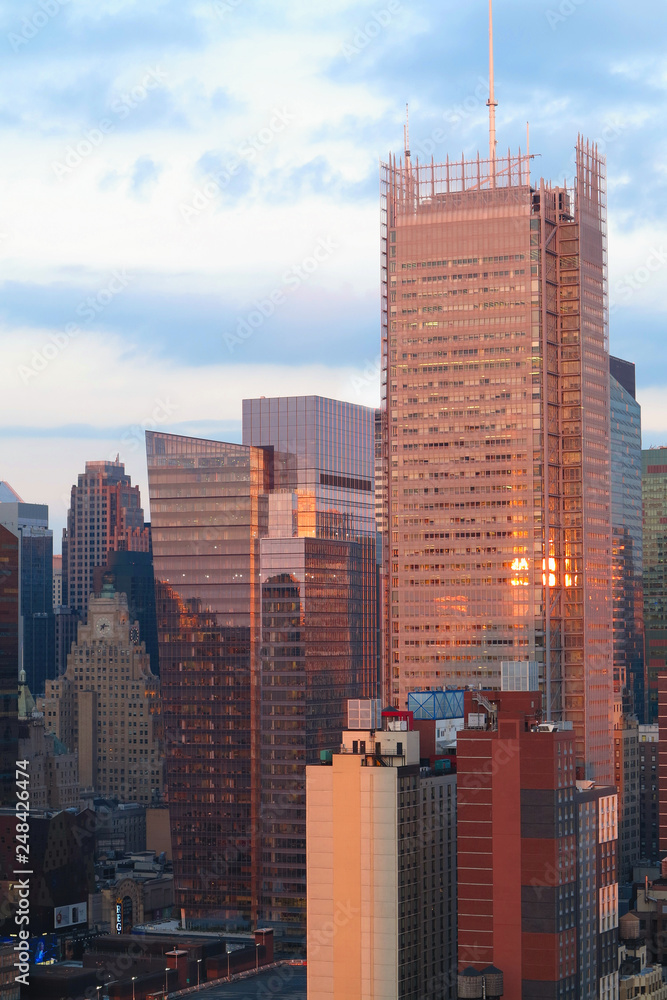 Naklejka premium Aerial and panorama view of skyscrapers of New York City, Manhattan. Top view of night midtown of Manhattan.