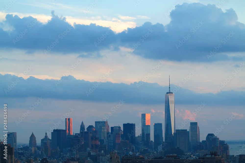 Fototapeta premium Aerial and panorama view of skyscrapers of New York City, Manhattan. Top view of night midtown of Manhattan.
