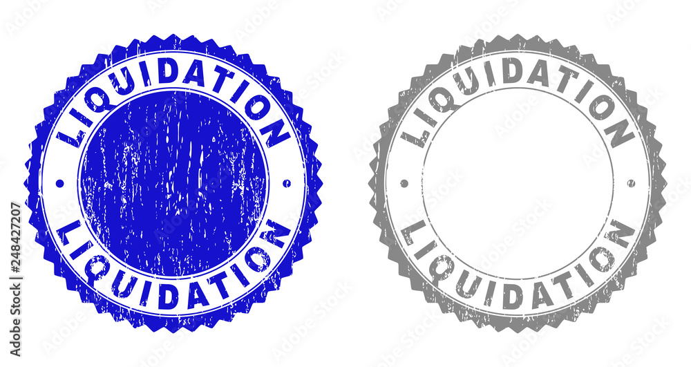 Grunge LIQUIDATION stamp seals isolated on a white background. Rosette seals with grunge texture in blue and grey colors. Vector rubber stamp imitation of LIQUIDATION caption inside round rosette.
