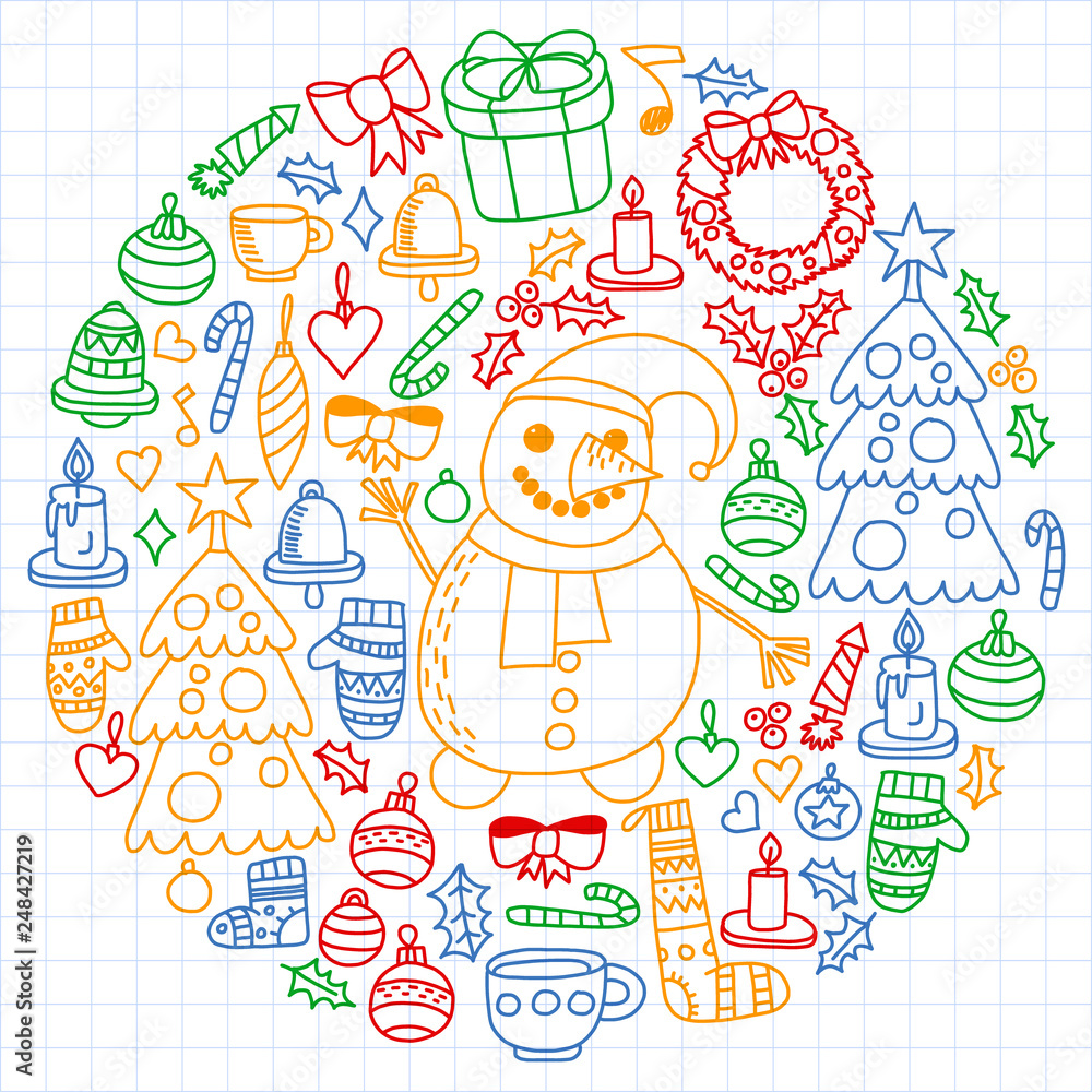 Vector set of Christmas, holiday winter days 2019, 2020, vector illustration. New Year's pattern, children's drawings with a teacher icons in doodle style. Painted, colorful, pictures on a sheet of