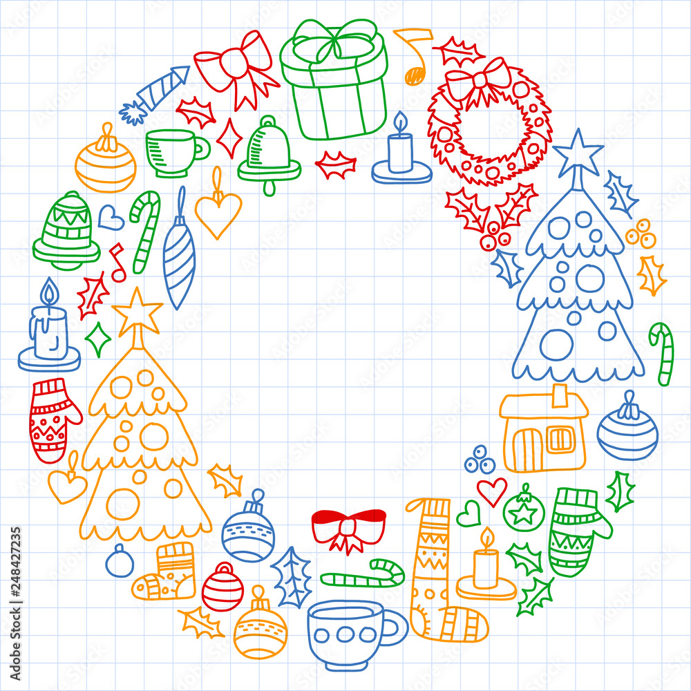 Vector set of Christmas, holiday winter days 2019, 2020, vector illustration. New Year's pattern, children's drawings with a teacher icons in doodle style. Painted, colorful, pictures on a sheet of Vector set of Christmas, holiday winter days 2019, 2020, vector illustration. New Year's pattern, children's drawings with a teacher icons in doodle style. Painted, colorful, pictures on a sheet of