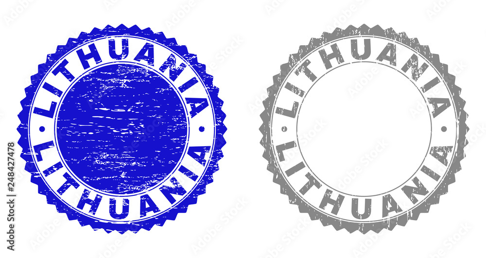 Grunge LITHUANIA stamp seals isolated on a white background. Rosette seals with grunge texture in blue and grey colors. Vector rubber overlay of LITHUANIA caption inside round rosette. Grunge LITHUANIA stamp seals isolated on a white background. Rosette seals with grunge texture in blue and grey colors. Vector rubber overlay of LITHUANIA caption inside round rosette.