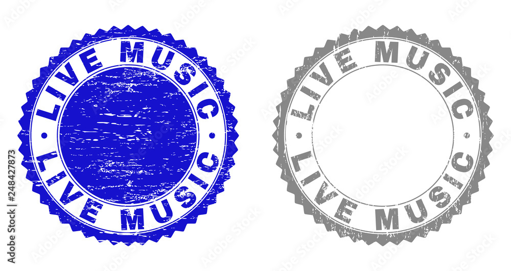 Grunge LIVE MUSIC stamp seals isolated on a white background. Rosette seals with grunge texture in blue and grey colors. Vector rubber stamp imitation of LIVE MUSIC caption inside round rosette.