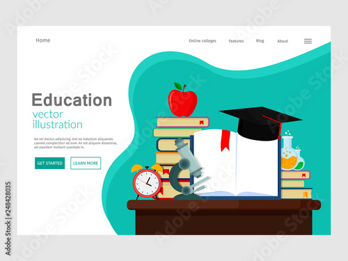 Education concept for website and mobile website. Books, microscope, test tubes, academic cap. Set of objects for education on table. Landing page template. Vector illustration. Eps 10.