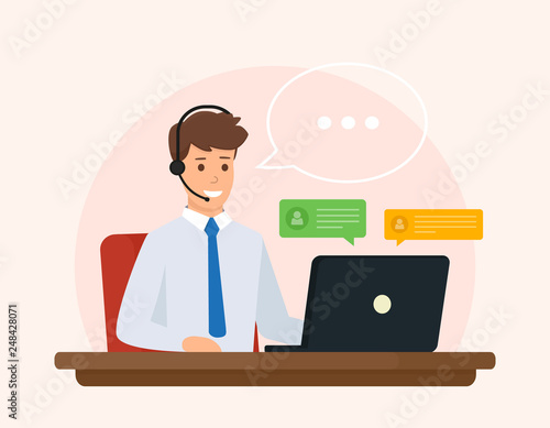 Online support, operator of call center answers questions a client. Online customer service concept. Vector illustration design.