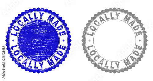 Grunge LOCALLY MADE stamp seals isolated on a white background. Rosette seals with grunge texture in blue and gray colors. Vector rubber stamp imitation of LOCALLY MADE title inside round rosette.