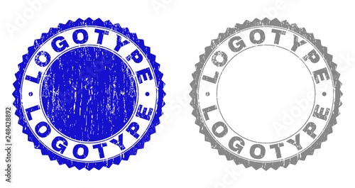 Grunge LOGOTYPE stamp seals isolated on a white background. Rosette seals with distress texture in blue and gray colors. Vector rubber stamp imitation of LOGOTYPE tag inside round rosette.
