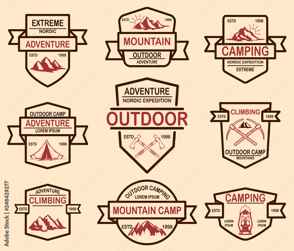 Set of mountain camp emblem templates. Design element for logo, label, emblem, sign, badge.